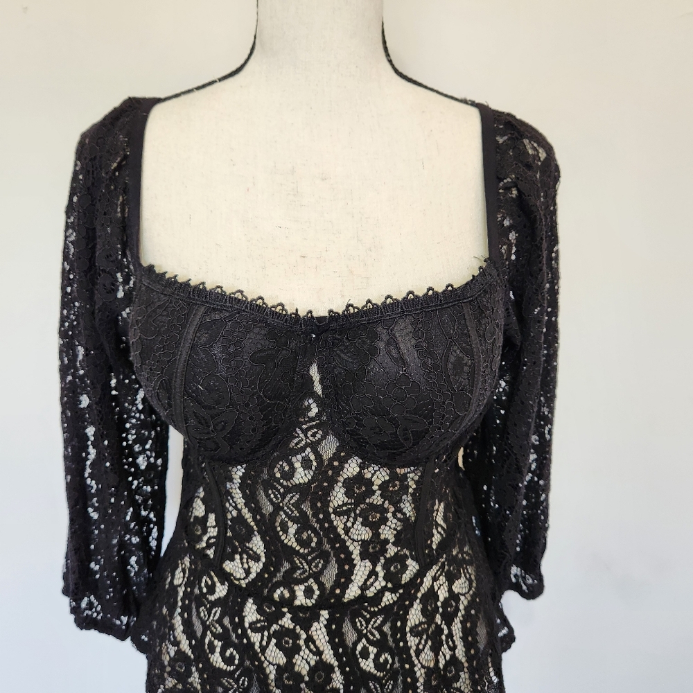 Haute Monde Shirt Top Black Lace Coquette Puff Sleeve Festival Whimsigoth Medium - Picture 4 of 13